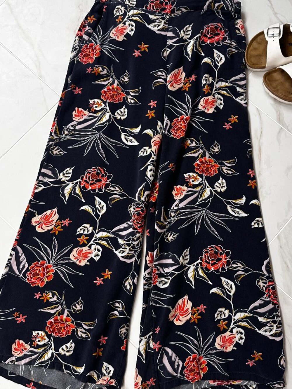 Women's Dark Blue Floral Wide-Leg Jumpsuit Pants